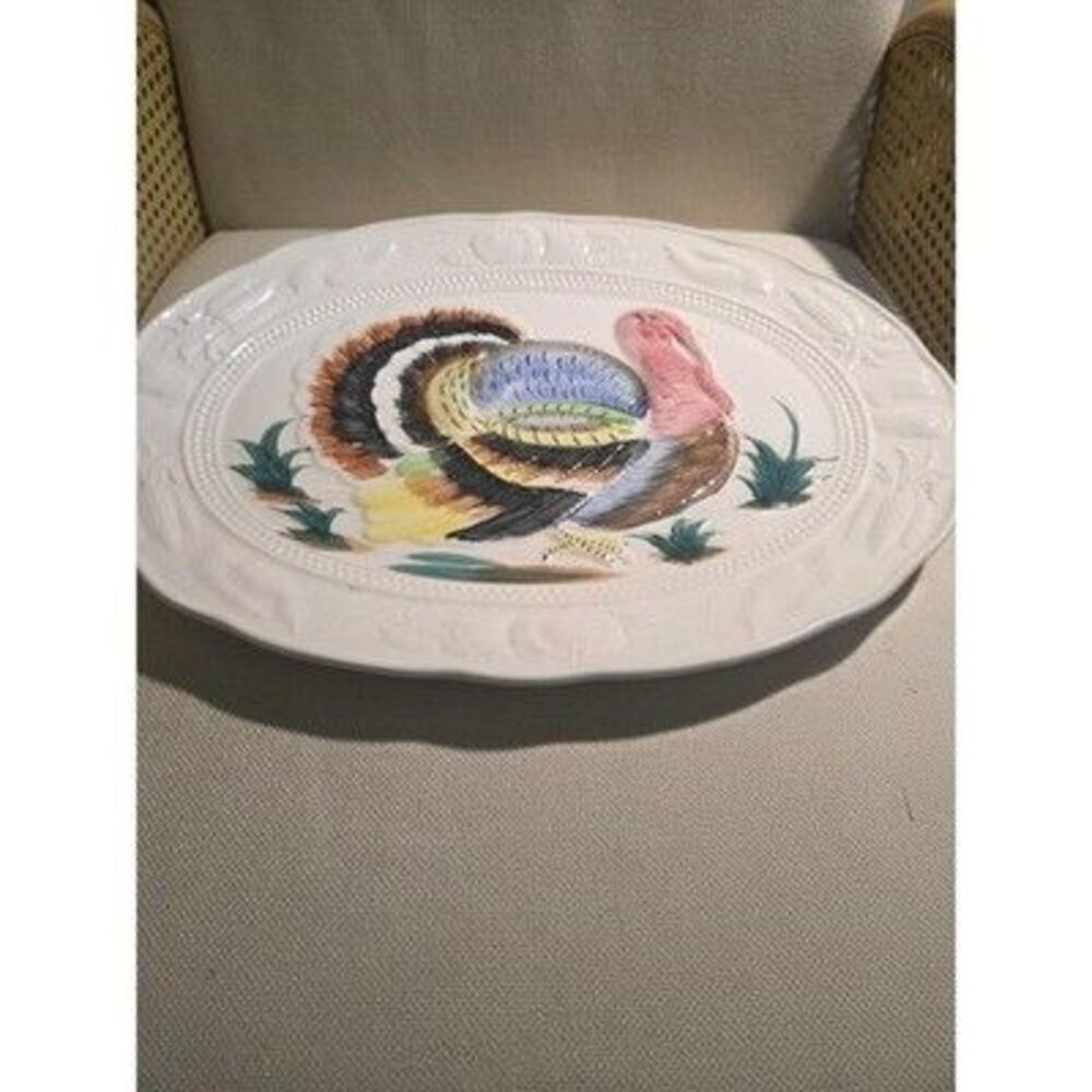 Vintage Thanksgiving Turkey Platter Large 18" Ceramic Embossed Made in Japan